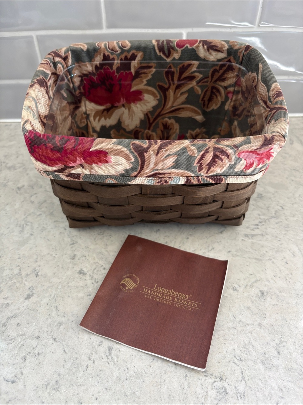 Longaberger 2008 TV Time Basket in Rich Brown with floral liner & clear insert